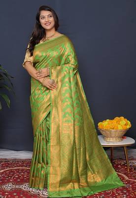 Leaf green kanjeevaram silk blend saree with copper zari floral weaving 1