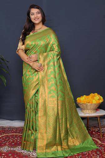 Leaf green kanjeevaram silk blend saree with copper zari floral weaving