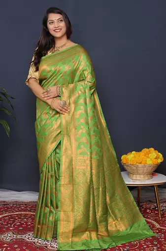 Leaf green kanjeevaram silk blend saree with copper zari floral weaving