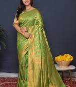 Leaf green kanjeevaram silk blend saree with copper zari floral weaving