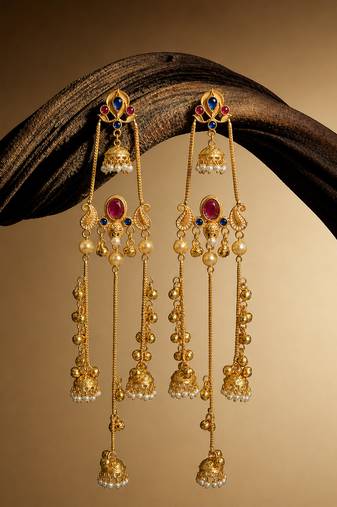Gold Plated Kashmiri Long Jhumka Earrings with Pearl Beads
