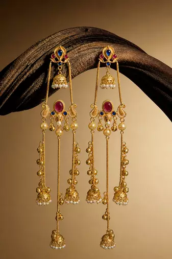 Gold Plated Kashmiri Long Jhumka Earrings with Pearl Beads