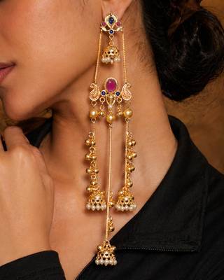 Gold Plated Kashmiri Long Jhumka Earrings with Pearl Beads 2