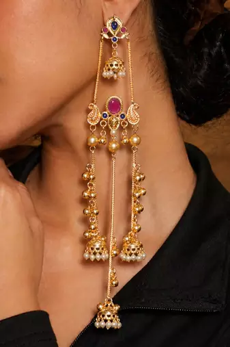 Gold Plated Kashmiri Long Jhumka Earrings with Pearl Beads