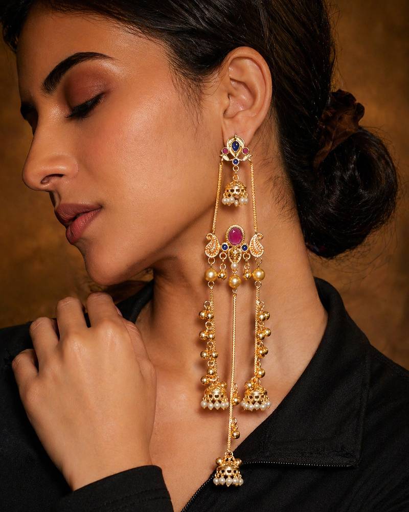 Gold Plated Kashmiri Long Jhumka Earrings with Pearl Beads