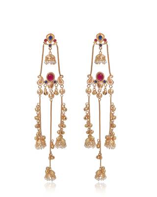 Gold Plated Kashmiri Long Jhumka Earrings with Pearl Beads 4
