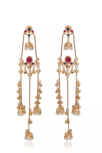 Gold Plated Kashmiri Long Jhumka Earrings with Pearl Beads