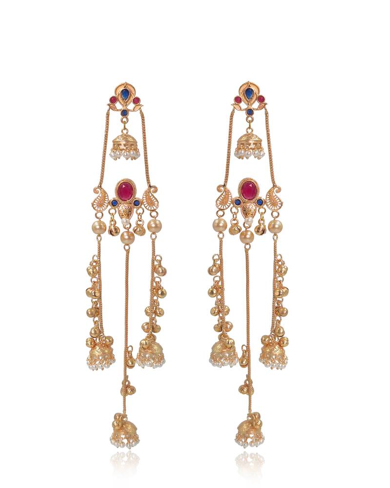 Gold Plated Kashmiri Long Jhumka Earrings with Pearl Beads