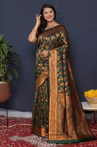 Bottle green kanjeevaram silk blend saree with copper zari floral weaving