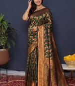 Bottle green kanjeevaram silk blend saree with copper zari floral weaving