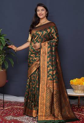 Bottle green kanjeevaram silk blend saree with copper zari floral weaving 2