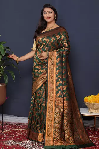 Bottle green kanjeevaram silk blend saree with copper zari floral weaving