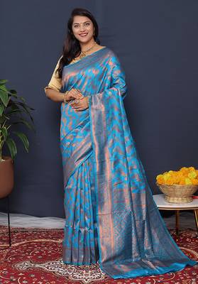 Aqua blue kanjeevaram silk blend saree with copper zari floral weaving 1