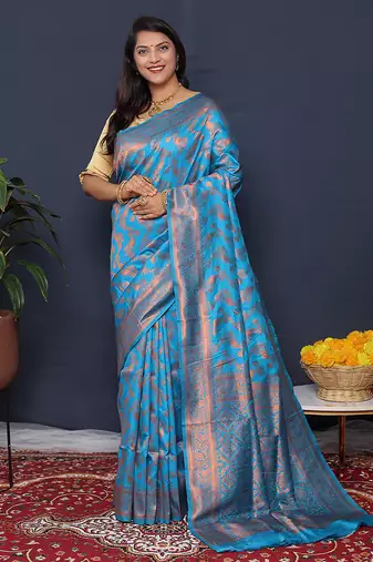 Aqua blue kanjeevaram silk blend saree with copper zari floral weaving