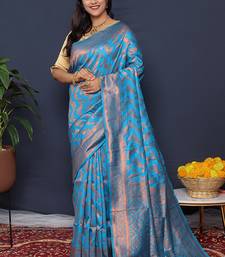Aqua blue kanjeevaram silk blend saree with copper zari floral weaving