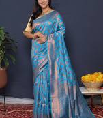 Aqua blue kanjeevaram silk blend saree with copper zari floral weaving