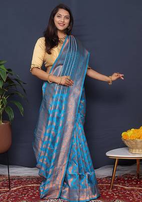 Aqua blue kanjeevaram silk blend saree with copper zari floral weaving 2