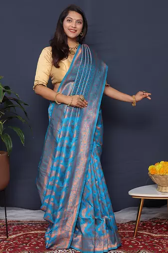 Aqua blue kanjeevaram silk blend saree with copper zari floral weaving