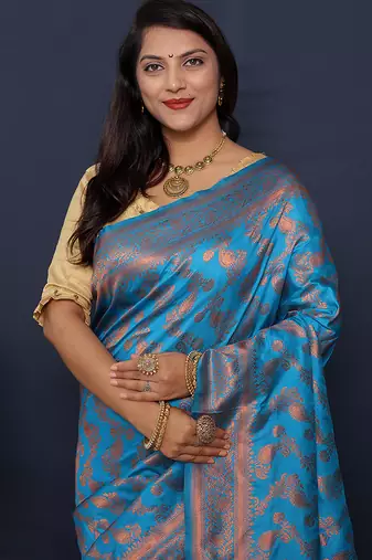 Aqua blue kanjeevaram silk blend saree with copper zari floral weaving