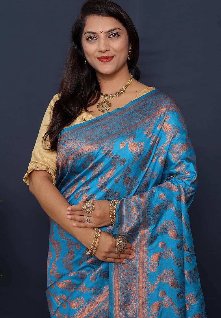 Aqua blue kanjeevaram silk blend saree with copper zari floral weaving