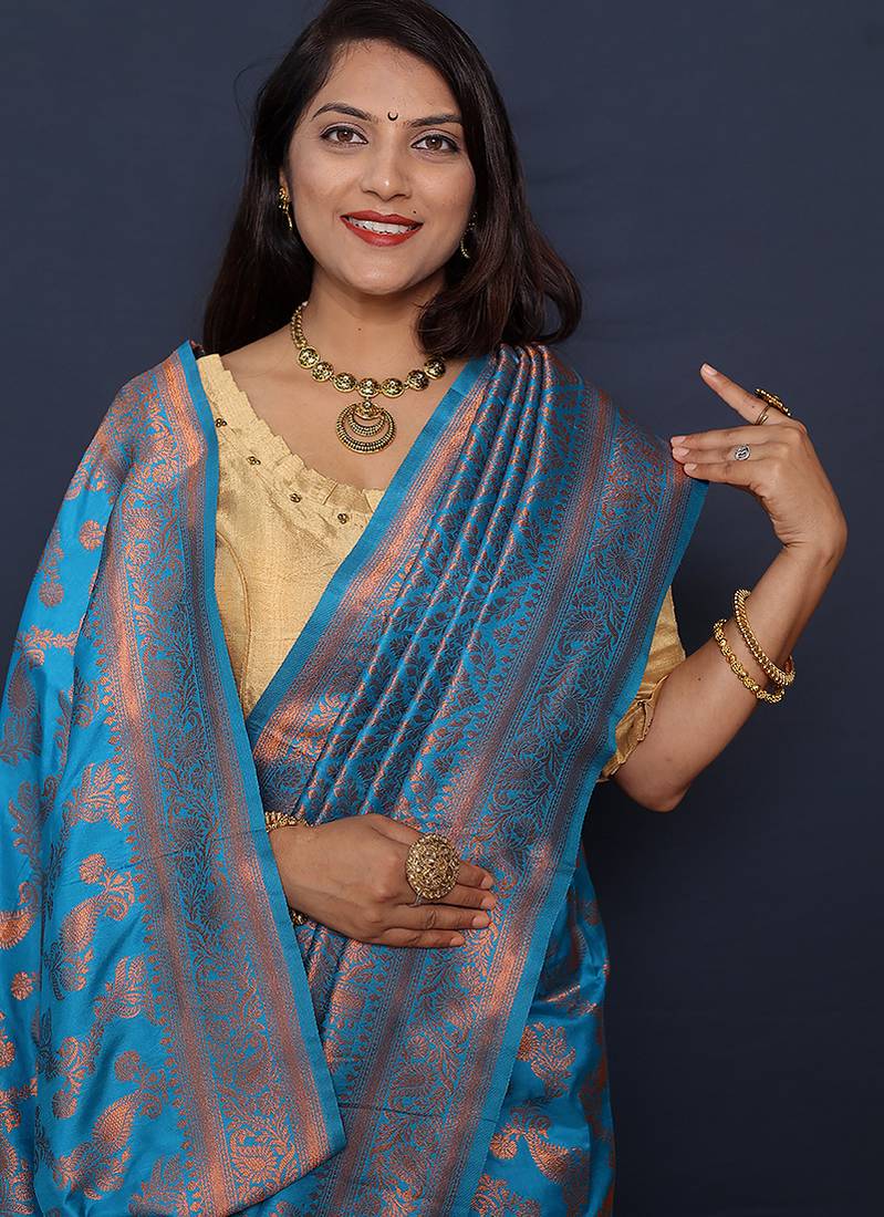 Aqua blue kanjeevaram silk blend saree with copper zari floral weaving