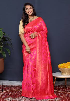 Rani pink kanjeevaram silk blend saree with copper zari floral weaving 1