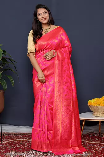Rani pink kanjeevaram silk blend saree with copper zari floral weaving