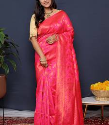 Rani pink kanjeevaram silk blend saree with copper zari floral weaving