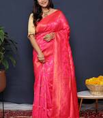 Rani pink kanjeevaram silk blend saree with copper zari floral weaving