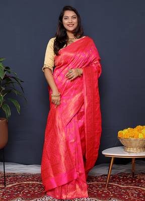 Rani pink kanjeevaram silk blend saree with copper zari floral weaving 2