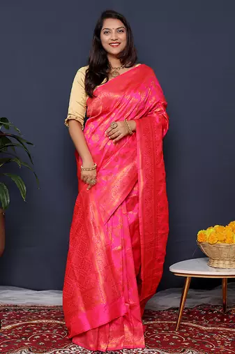 Rani pink kanjeevaram silk blend saree with copper zari floral weaving