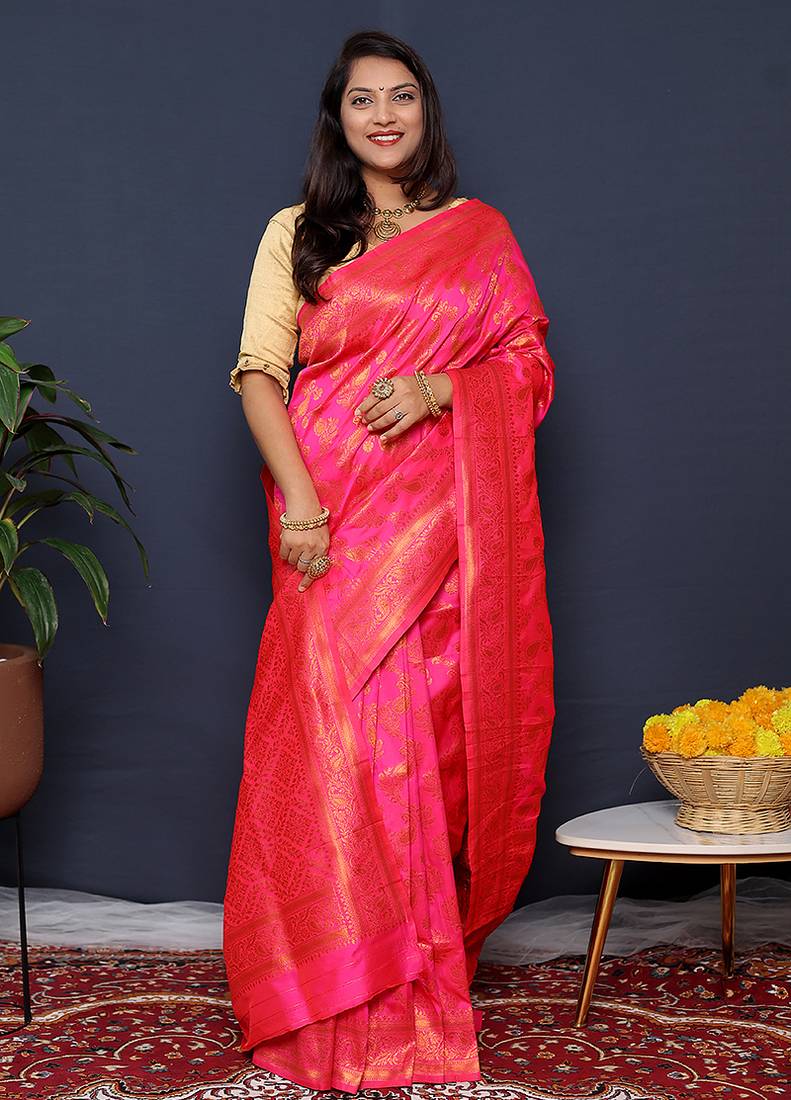 Rani pink kanjeevaram silk blend saree with copper zari floral weaving