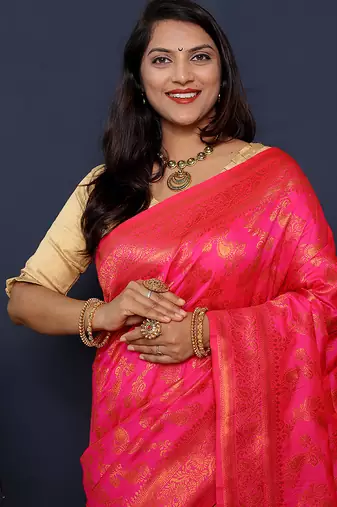 Rani pink kanjeevaram silk blend saree with copper zari floral weaving