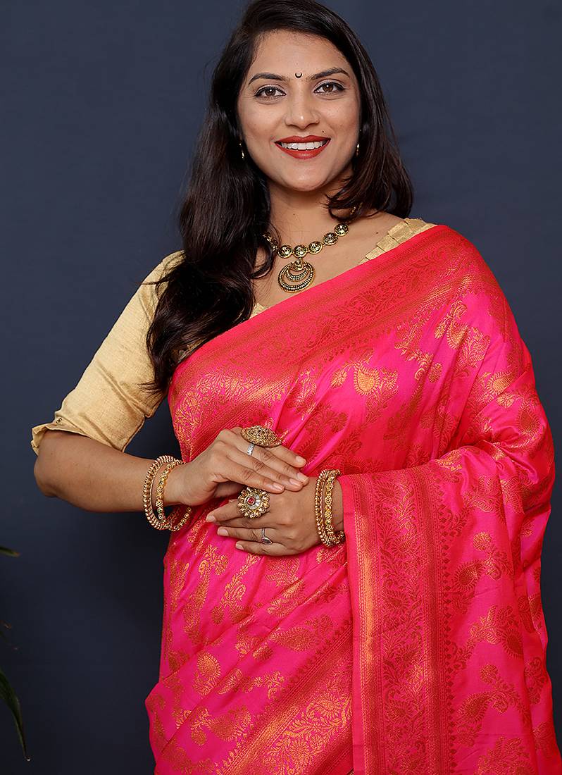 Rani pink kanjeevaram silk blend saree with copper zari floral weaving