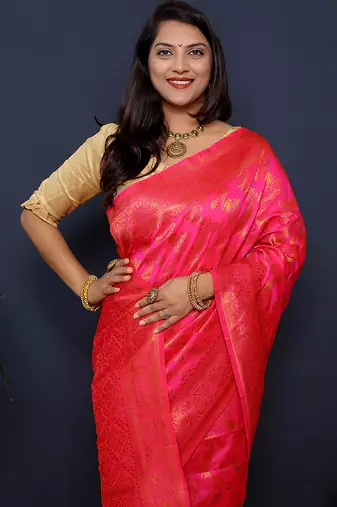 Rani pink kanjeevaram silk blend saree with copper zari floral weaving