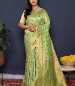 Light green kanjeevaram silk blend saree with copper zari floral weaving