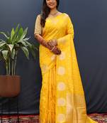 Yellow banarasi silk blend saree with zari buta & rich pallu