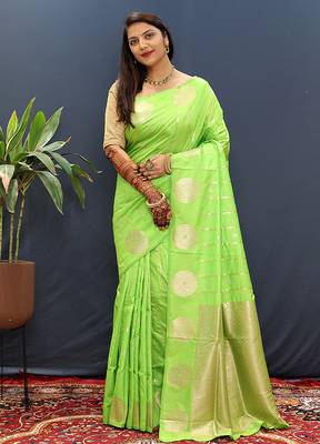 Lime green banarasi silk blend saree with zari buta & rich pallu 1