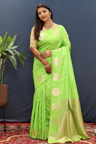 Lime green banarasi silk blend saree with zari buta & rich pallu