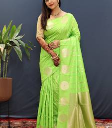 Lime green banarasi silk blend saree with zari buta & rich pallu