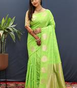 Lime green banarasi silk blend saree with zari buta & rich pallu