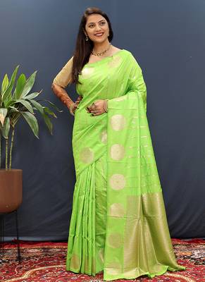 Lime green banarasi silk blend saree with zari buta & rich pallu 2