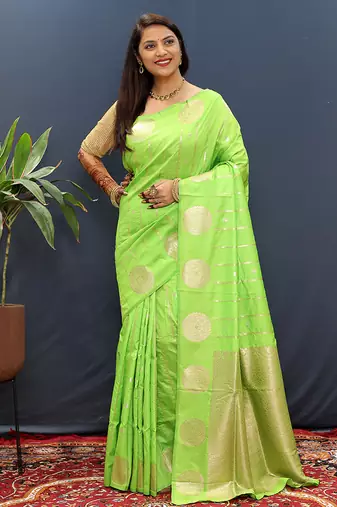 Lime green banarasi silk blend saree with zari buta & rich pallu