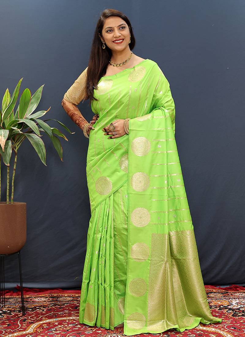 Lime green banarasi silk blend saree with zari buta & rich pallu