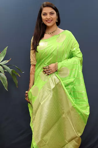 Lime green banarasi silk blend saree with zari buta & rich pallu
