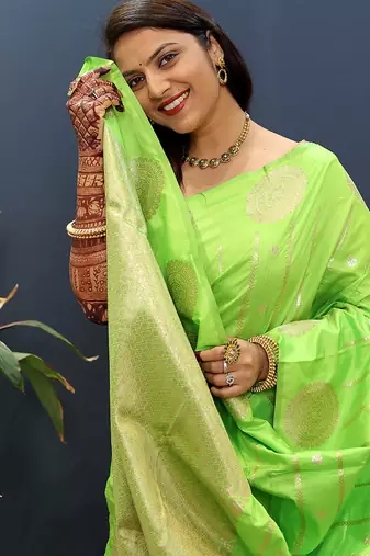 Lime green banarasi silk blend saree with zari buta & rich pallu
