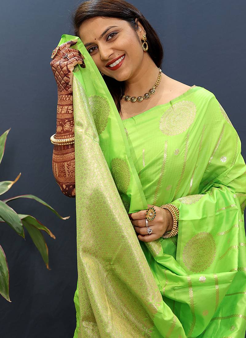 Lime green banarasi silk blend saree with zari buta & rich pallu