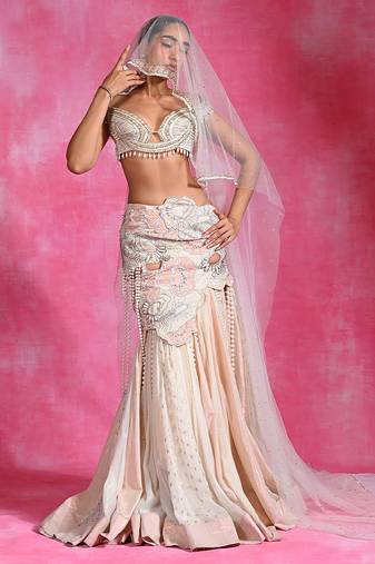 Ivory Embroidered Georgette Crepe Mermaid Lehenga Set