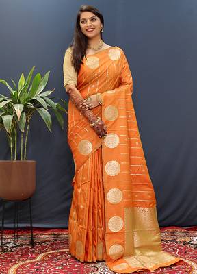 Rust orange banarasi silk blend saree with zari buta & rich pallu 1
