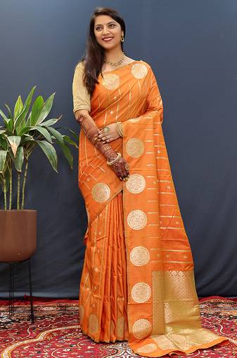 Rust orange banarasi silk blend saree with zari buta & rich pallu